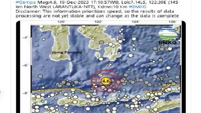 Kabar Gempa Terkini Senin 18 Desember 2023 Getarkan Larantuka NTT, Bermagnitudo 4.6