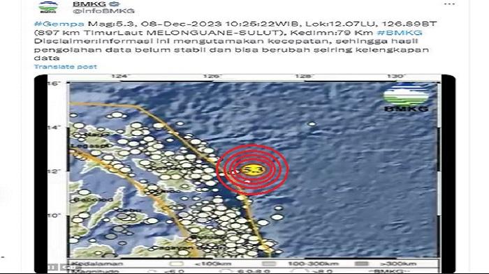 Gempa Terkini Jumat 8 Desember 2023 Getarkan Lagi Melonguane Sulut, Bermagnitudo 5.3