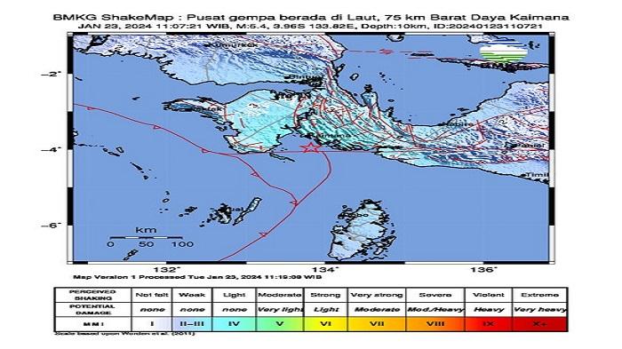 Update Gempa di Papua Barat 5.4 Magnitudo, Berpusat di Laut, MMI IV Kaimana