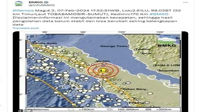 Gempa Hari Ini Rabu 7 Februari 2024 Getarkan Toba Samosir Sumut, Bermagnitudo 4.2