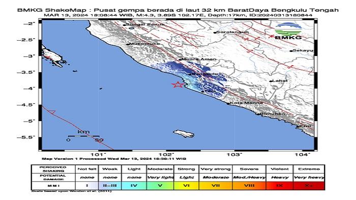 Update Gempa di Bengkulu Selatan Hari Ini Rabu 13 Maret 2024 Bermagnitudo 4.3, Terasa di Kepahiang