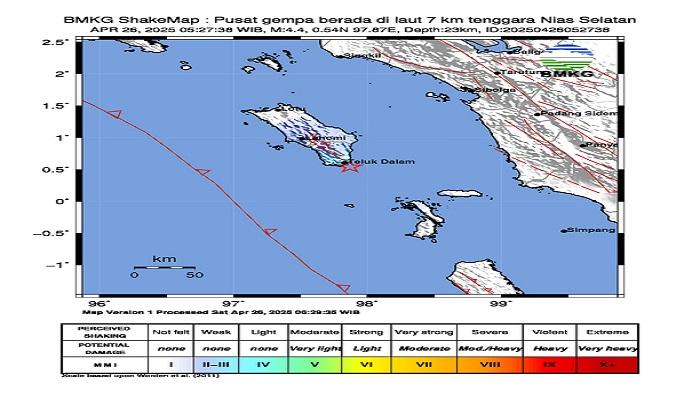 Update Gempa di Nias Selatan Sumut Sabtu 26 April 2025, BMKG: Bermagnitudo 4.4, Dirasakan MMI II