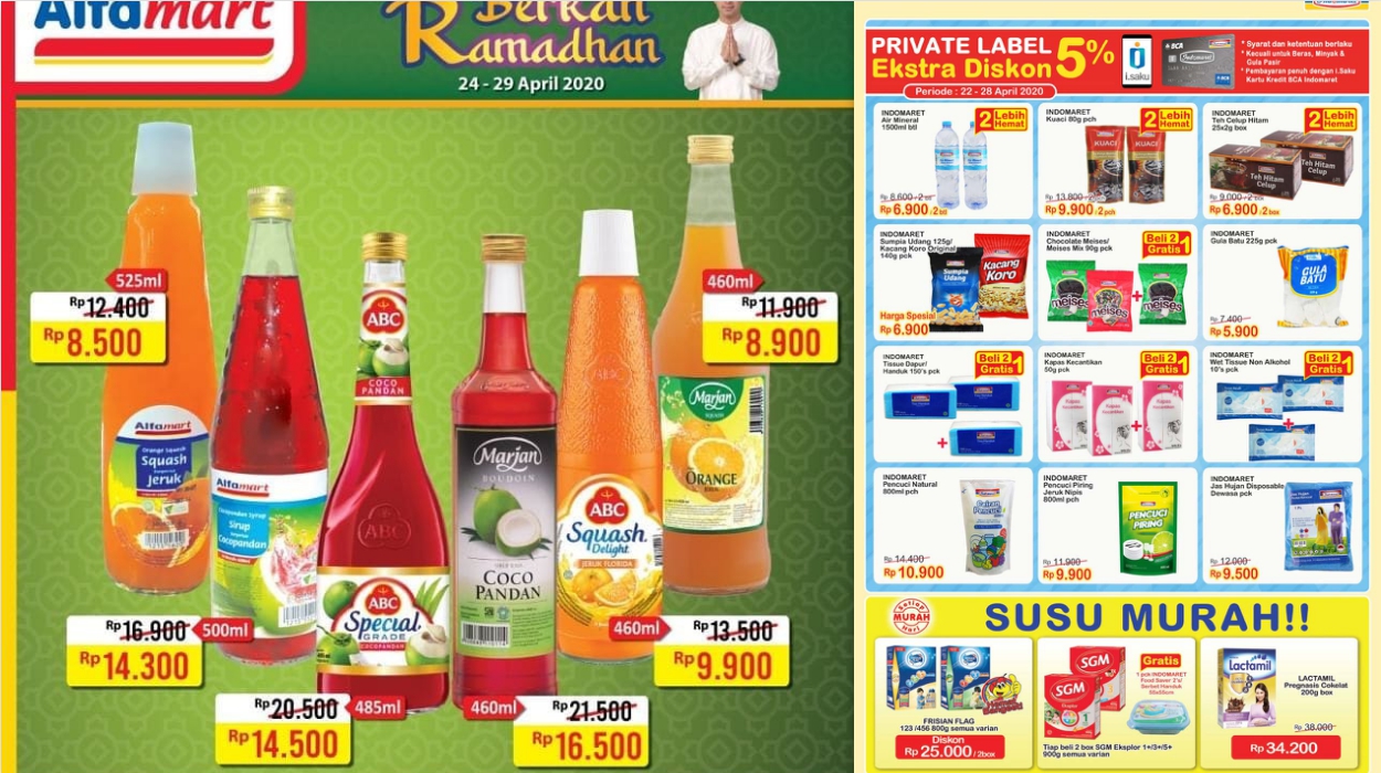 Promo Indomaret & Alfamart Periode 22-29 April 2020 - Pembelian Susu, Snack, Sirup, Makanan Kaleng