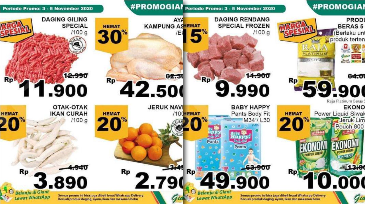 Promo Giant Weekday 5 November 2020, Susu Yoghurt Daging Baju dan Sayur, Bisa via WhatsApp