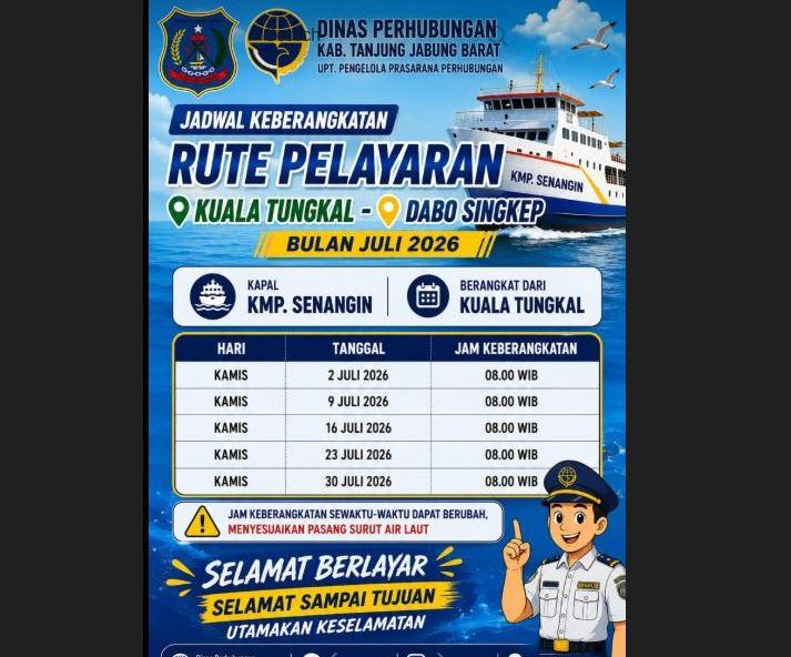 Jadwal Kapal Kuala Tungkal-Dabo Singkep Juli 2026, Berangkat Setiap Kamis Pukul 08.00 WIB - Tribunjambi.com