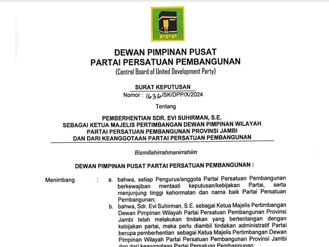 Tak Dukung Kader di Pilbup Sarolangun, Mantan Ketua DPW PPP Jambi Evi Suherman Dipecat Partai