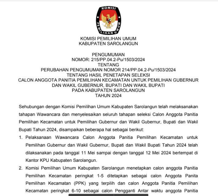 KPU Sarolangun Umumkan Hasil Seleksi PPK