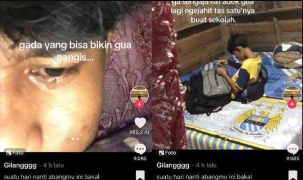 Viral Bocah Rela Menjahit Tas Sekolahnya yang Sudah Lusuh, Kakak Menangis Belum Ada Uang