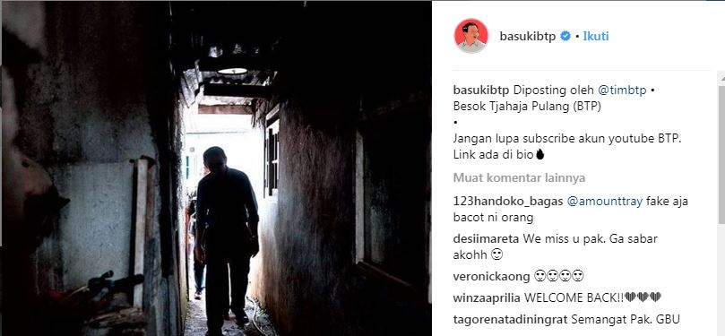 Sudah Bebas Kamis (24/1) Dinihari Tadi? Akun @basukibtp Unggah Foto Ahok di Lorong Gelap