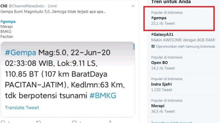 Gempa Berpusat di Pacitan Getarannya Terasa Hingga Ke Yogyakarta, Begini Cuitan Netizen di Twitter