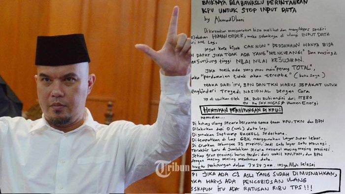 Ahmad Dhani Tulis Surat untuk Bawaslu, Minta Input Data dari Nol dan Hentikan Perhitungan di KPU
