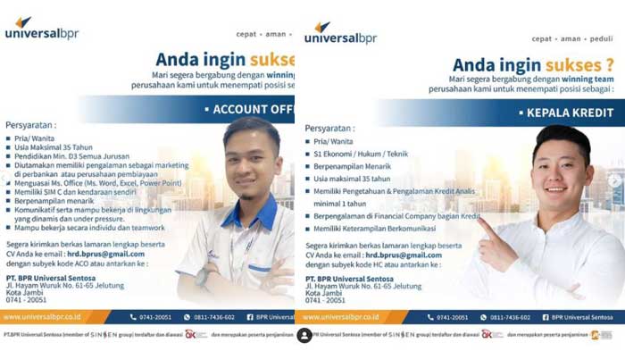Lowongan Kerja Jambi di PT BPR Universal Sentosa untuk Lulusan D3 dan Lulusan S1