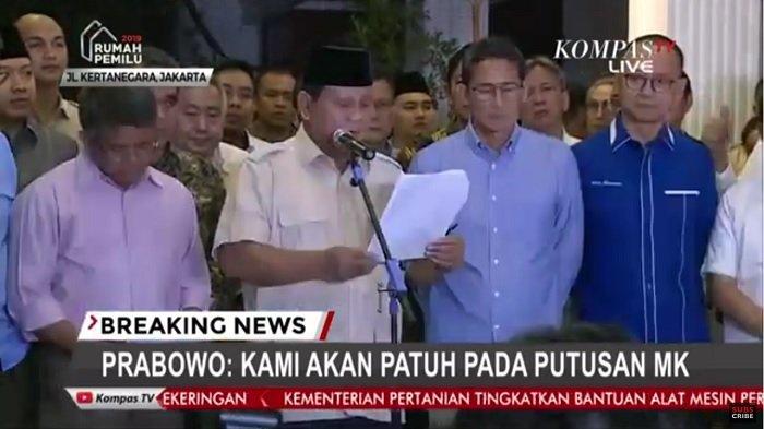 Meski Kecewa Keseluruhan Gugatannya Ditolak MK, Prabowo Subianto Tetap Hormati Hasilnya