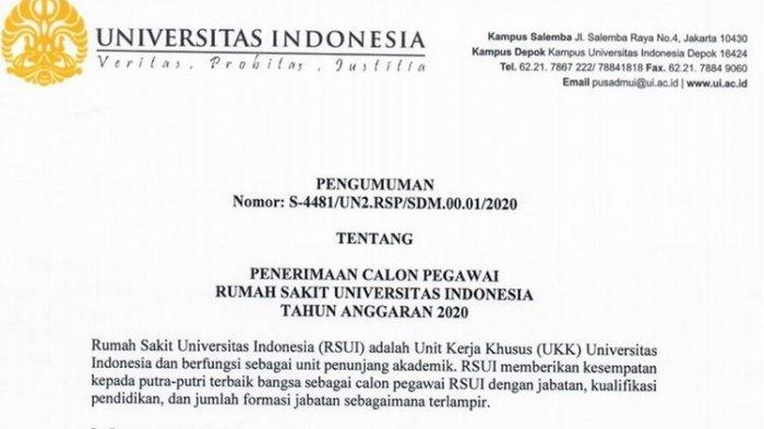 Lowongan Kerja di RS UI untuk 7 Posisi, Simak Persyaratan dan Cara Daftarnya,Pendaftaran Sehari Lagi