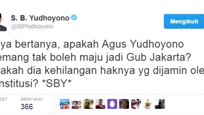 SBY: Saya Bertanya, Apakah Agus Memang Tak Boleh Maju Jadi Gubernur Jakarta?