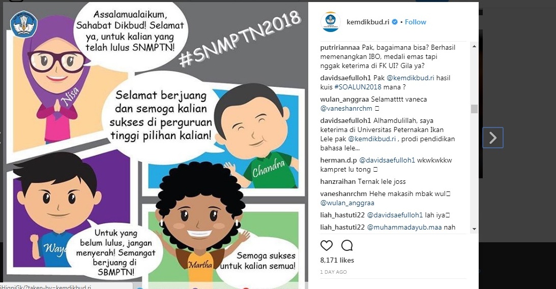 'Curhat Ngakak' Milenial Tak Lolos SNMPTN 2018 di Instagram Kemendikbud, Malah Bahas Ternak Lele