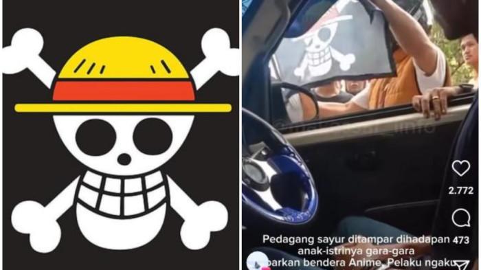 Bendera one piece dan tangkapan layar unggahan akun Instagram @makassar_iinfo dan akun Facebook Dandy Thoriq soal pedagang sayur ditampar pria ngaku anggota TNI karena pasang bendera One Piece.