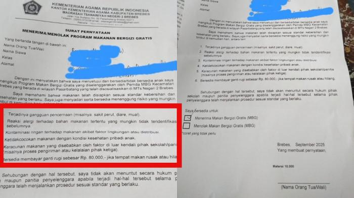 Beredar surat dengan kop Kemenang untuk wali murid MTsN 2 Brebes meminta wali murid agar bersedia atas risiko MBG, Selasa (16/9/2025). Risiko-risiko tersebut meliputi keracunan hingga tempat makan hilang.