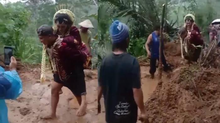 Viral Pengantin Pria Gendong Mempelai Wanita Lewati Longsor di Wonosobo