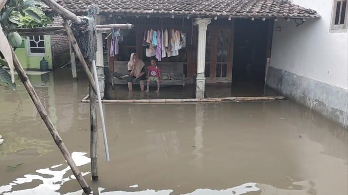 DUDUK TERMANGU - Suparni dan cucunya, warga Desa Banjarsari, Kecamatan Gabus, Pati, duduk termangu di teras rumah mereka yang sudah dua hari kebanjiran, Selasa (13/1/2026).