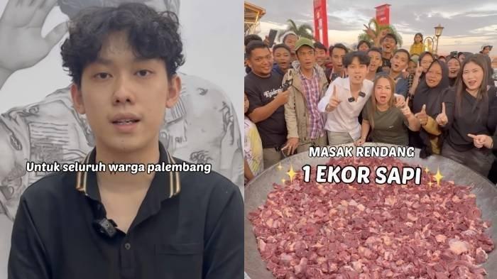 KLARIFIKASI RENDANG HILANG - Foto kolase konten kreator Willie Salim (kiri) akhirnya minta maaf soal konten rendang daging sapi (kanan) seberat 200 kilogram yang hilang yang dimasaknya di Palembang. 