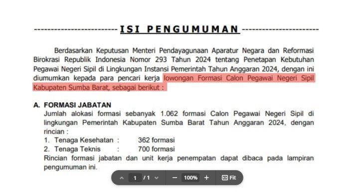 Link Download PDF CPNS 2024 Pemkab Sumba Barat sscasn.bkn.go.id, Rincian Syarat 1.062 Formasi