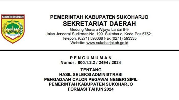 Link Download PDF Hasil Seleksi Administrasi CPNS 2024 Pemkab Sukoharjo, Cek sscasn.bkn.go.id