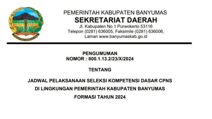 Link Download PDF Jadwal, Syarat dan Tata Tertib SKD CPNS 2024 Pemkab Banyumas, Mulai 20 Oktober
