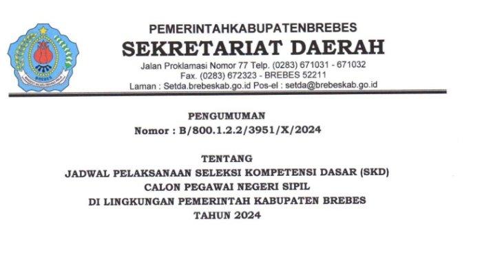Link Download PDF Jadwal, Syarat dan Tata Tertib SKD CPNS 2024 Pemkab Brebes, Mulai 20 Oktober