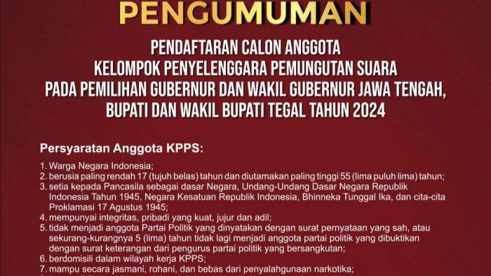 KPU Kabupaten Tegal Buka Pendaftaran Calon Anggota KPPS Pilkada 2024, Ini Persyaratannya