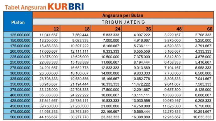 Tabel angsuran KUR BRI 2025 Desember Rp 125 Juta hingga Rp 500 Juta 