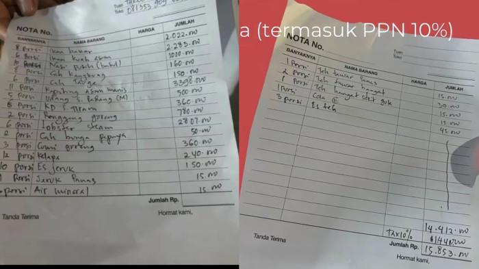 MAKAN SEAFOOD RP 16 JUTA - Potret nota pemesanan seafood rombongan agen travel saat bersantap di kawasan Kuliner Kampung Ujung, Labuan Bajo, Nusa Tenggara Timur. Mereka syok makan seafood habis Rp16 juta dan menilai terlalu mahal, Minggu (26/10/2025).