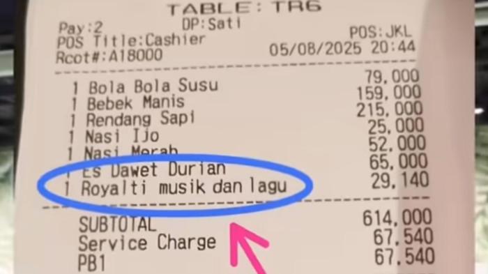 STRUK ROYALTI MUSIK - Tangkapan gambar struk royalti musik di sebuah restoran yang dibebankan kepada konsumen. Pembayaran royalti yang dimasukkan ke struk menuai pro dan kontra, Senin (11/8/2025).