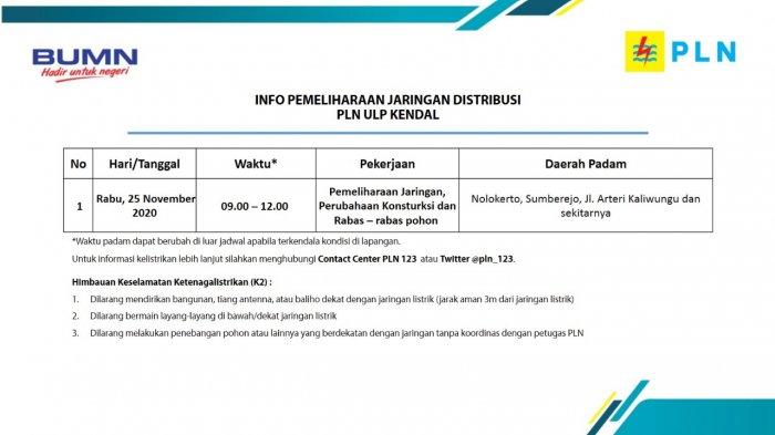 Info Pemeliharaan Jaringan Listrik PLN ULP Kendal Rabu 25 November 2020