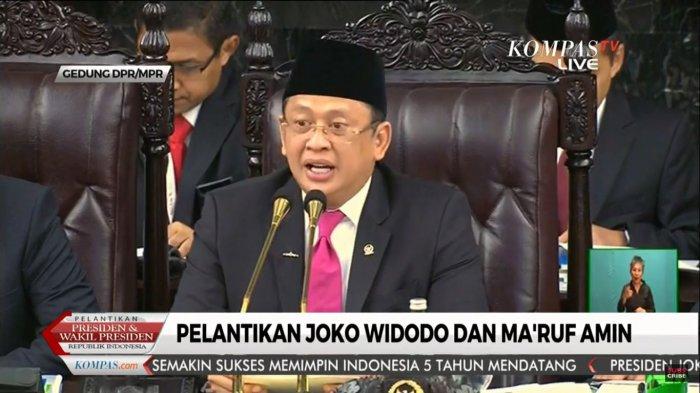 Ketua MPR Bambang Soesatyo membuka sidang paripurna MPR dengan agenda tunggal Pelantikan Presiden dan Wakil Presiden 2019, Minggu (20/10/2019). 