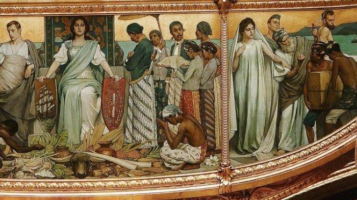 Salah satu panel lukisan di kereta emas Belanda atau Gouden Koets, menggambarkan situasi Indonesia di zaman kolonial. Lukisan ini bernama Hulde der Kolonieen. 