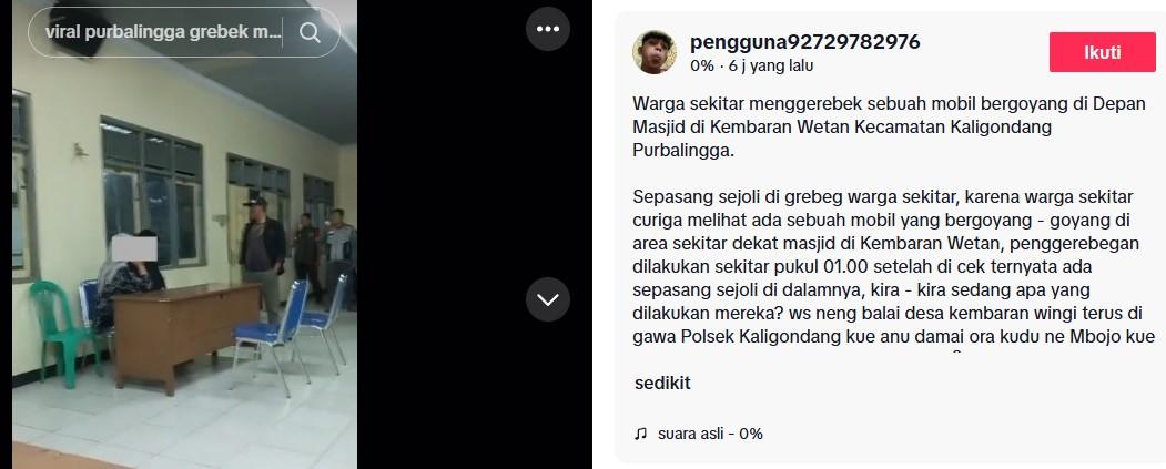 DIGEREBEK: Tangkapan layar dari Tiktok @pengguna92729782976 pada Senin (17/11/2025) : Sepasang muda-mudi digerebek warga saat berduaan dalam mobil depan masjid di Purbalingga, Jawa Tengah.