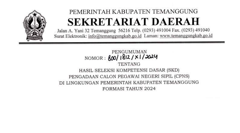 Link Download PDF Hasil SKD CPNS 2024 Pemkab Temanggung: Selamat! 172 Peserta Lanjut SKB
