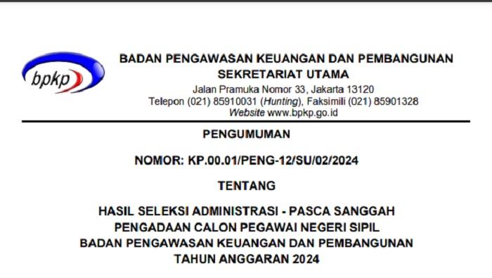 Link Download PDF Hasil Seleksi Administrasi CPNS 2024 BPKP Pasca Sanggah, 64 Peserta Lolos