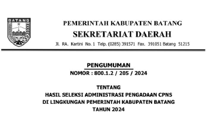 Link Download PDF Hasil Seleksi Administrasi CPNS 2024 Pemkab Batang, Selamat 2.651 Pelamar Lolos!
