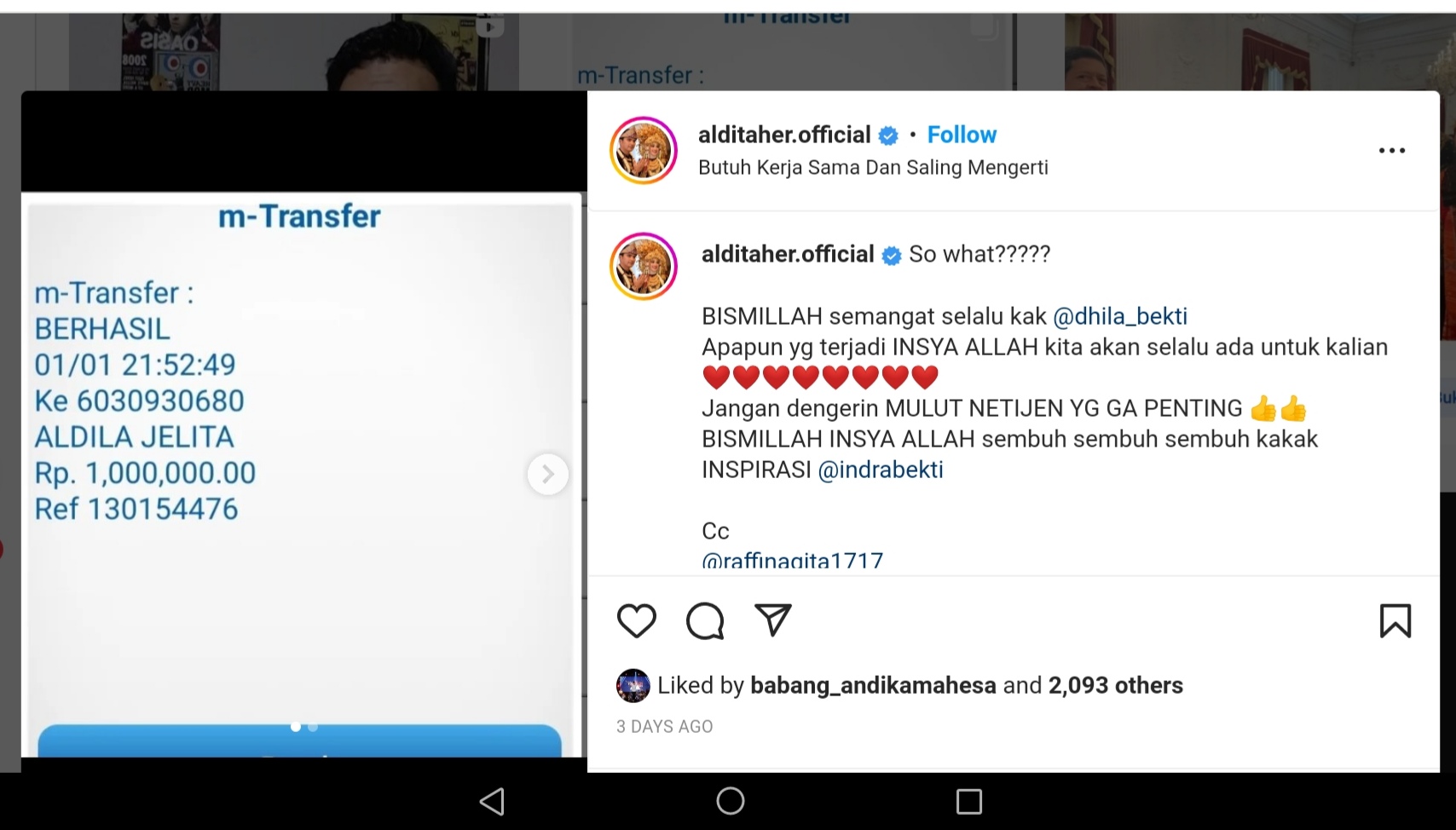 Aldi Taher Dihujat Unggah Bukti Transfer Rp 1 Juta Donasi Indra Bekti, Kini Tambah Rp 10 Juta