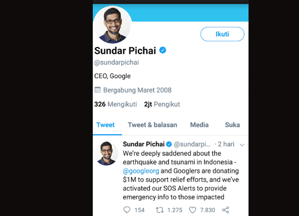 Bos Google dan Facebook akan Menyumbang untuk Korban Gempa Tsunami Palu