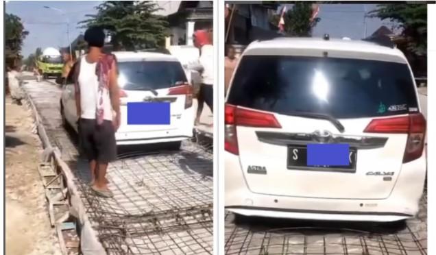 Pengendara Mobil LCGC di Bojonegoro Terjebak Setelah Ngeyel Terobos Kerangka Besi Jalan Cor