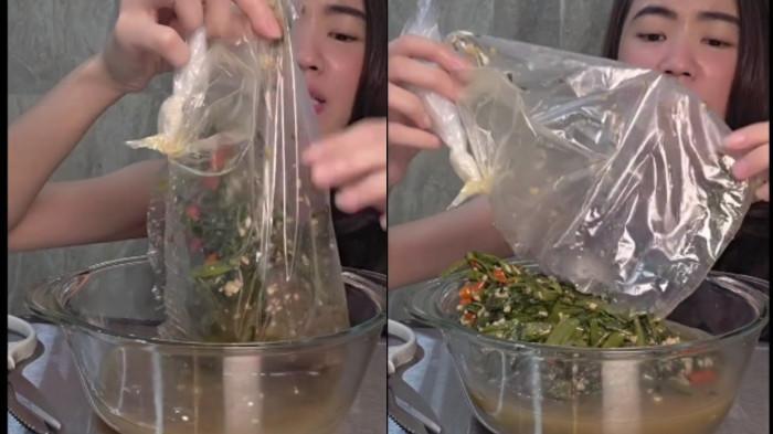 JUALAN PINKAN MAMBO - Tangkapan layar video TikTokers Meimei Mecin review tumis kangkung balacan yang dijual penyanyi Pinkan Mambo Rp 150 ribu seporsi.