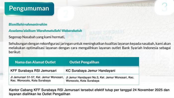 BSI mengumumkan adanya relokasi layanan sebagai bagian dari proses rekonfigurasi