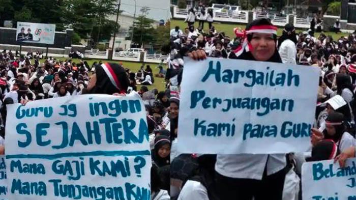 GAJI GURU TAK DIBAYAR - Ratusan guru honor swasta saat menggelar aksi damai di Pemkab Muba, Sekayu, pada Senin (10/11/2025). Mereka protes karena gaji 11 bulan tak dibayar. Bupati angkat bicara.