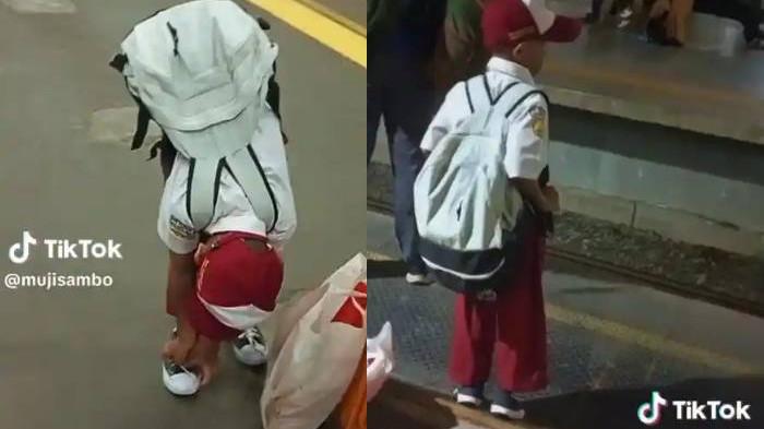 NAIK KRL - Tangkapan layar video merekam Hafithar saat berangkat sekolah yang diunggah di akun TikTok @mujisambo.