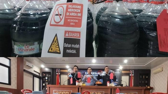 TIMBUN PERTALITE - Konferensi pers kasus penyalahgunaan pertalite di Polresta Cilacap, Jawa Tengah, Rabu (11/6/2025).