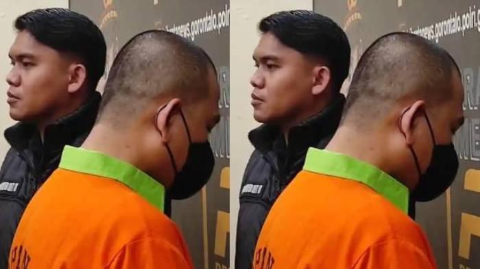 KASUS PENIPUAN - Mustafa Yasin mengenakan baju tahanan saat menghadiri konferensi pers di Mapolda Gorontalo, Selasa (11/11/2025). Mustafa Yasin kini berpotensi kehilangan jabatannya di DPRD Provinsi Gorontalo.