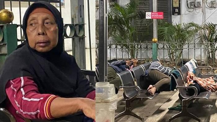 KETINGGALAN KERETA - (Kiri) Aisah (63), warga Cilegon. (Kanan) Suasana ruang tunggu Stasiun Rangkasbitung saat sejumlah penumpang menilih menginap di sana menunggu keberangkatan kereta pertama keesokan harinya, Selasa (4/11/2025).